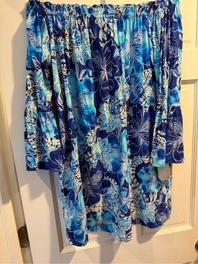Beach House Blue and White Tropical Off-Shoulder dress